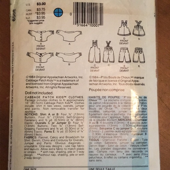💥3/20💥 Vintage Butterick 1984 Cabbage Patch Kids Pattern #6507 - Picture 3 of 3
